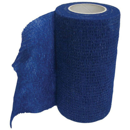 Roll of blue elastic bandage on a white background