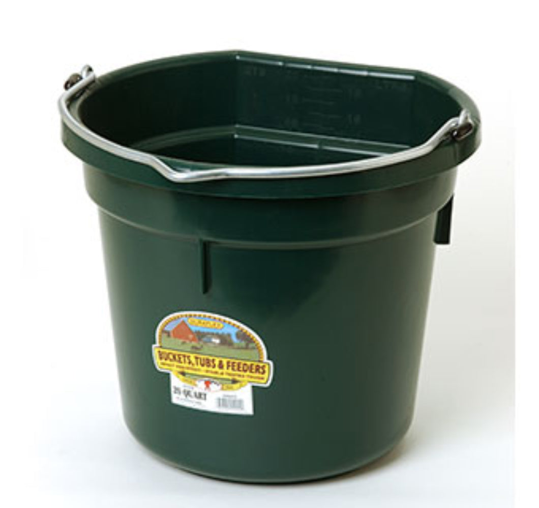 Flat Back Plastic Bucket, 20-quart, 5-gallon, impact-resistant polyethylene, with heavy-duty wire handle and stackable design.