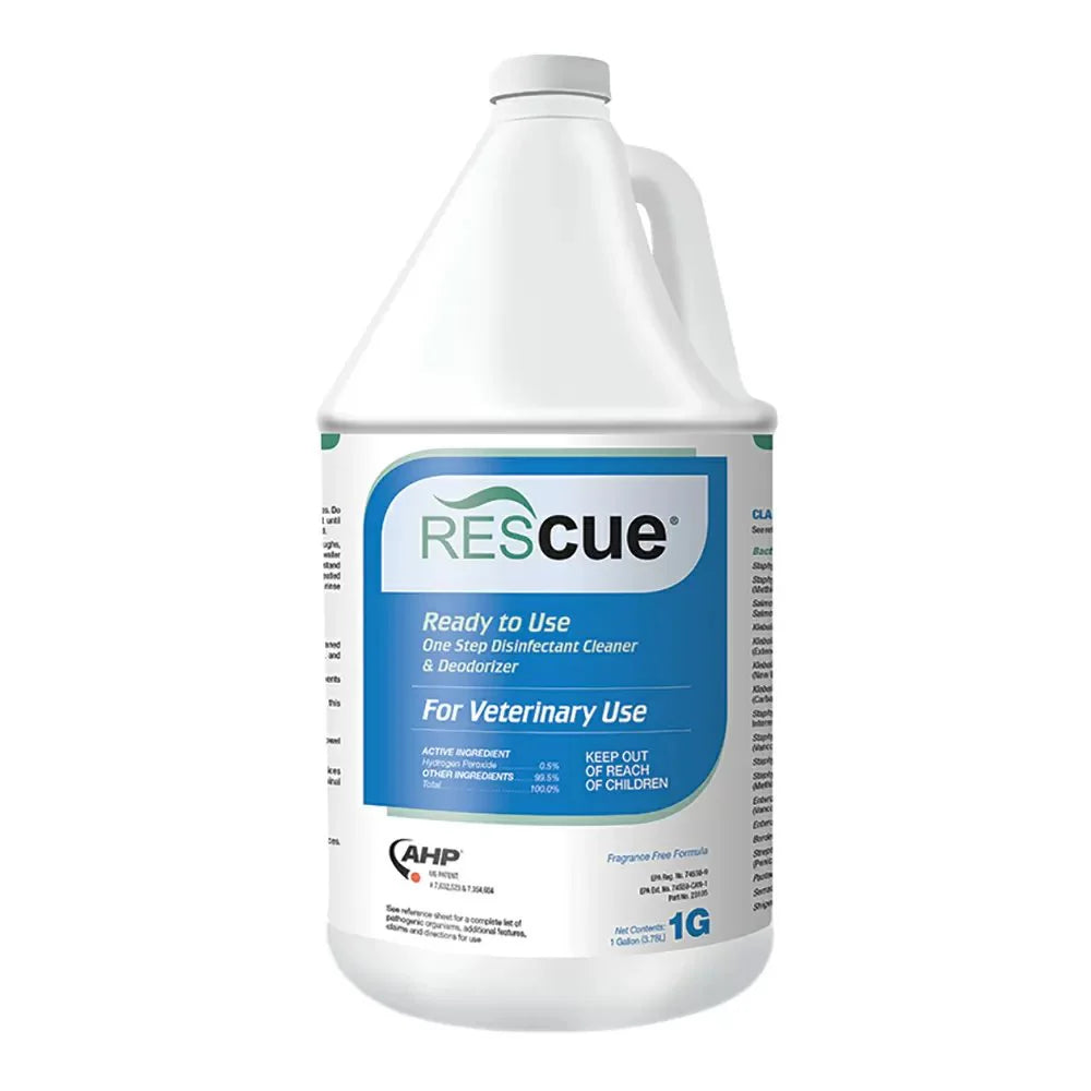 1-gallon bottle of Rescue™ Ready-To-Use Disinfectant, suitable for surfaces like floors and kennels, safe for animals and staff.