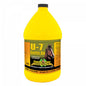 A yellow plastic gallon container of Finish Line U-7 Gastric Aid Liquid for horses with label information and a horse's image.