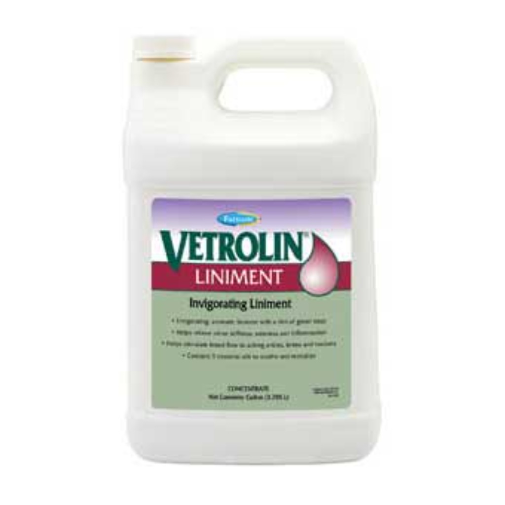 Image of Vetrolin Liniment, a one-gallon plastic jug with green and purple labeling, designed for horse muscle and joint recovery.
