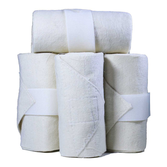 A set of white standing bandages for horse leg wraps, tied with velcro fasteners.